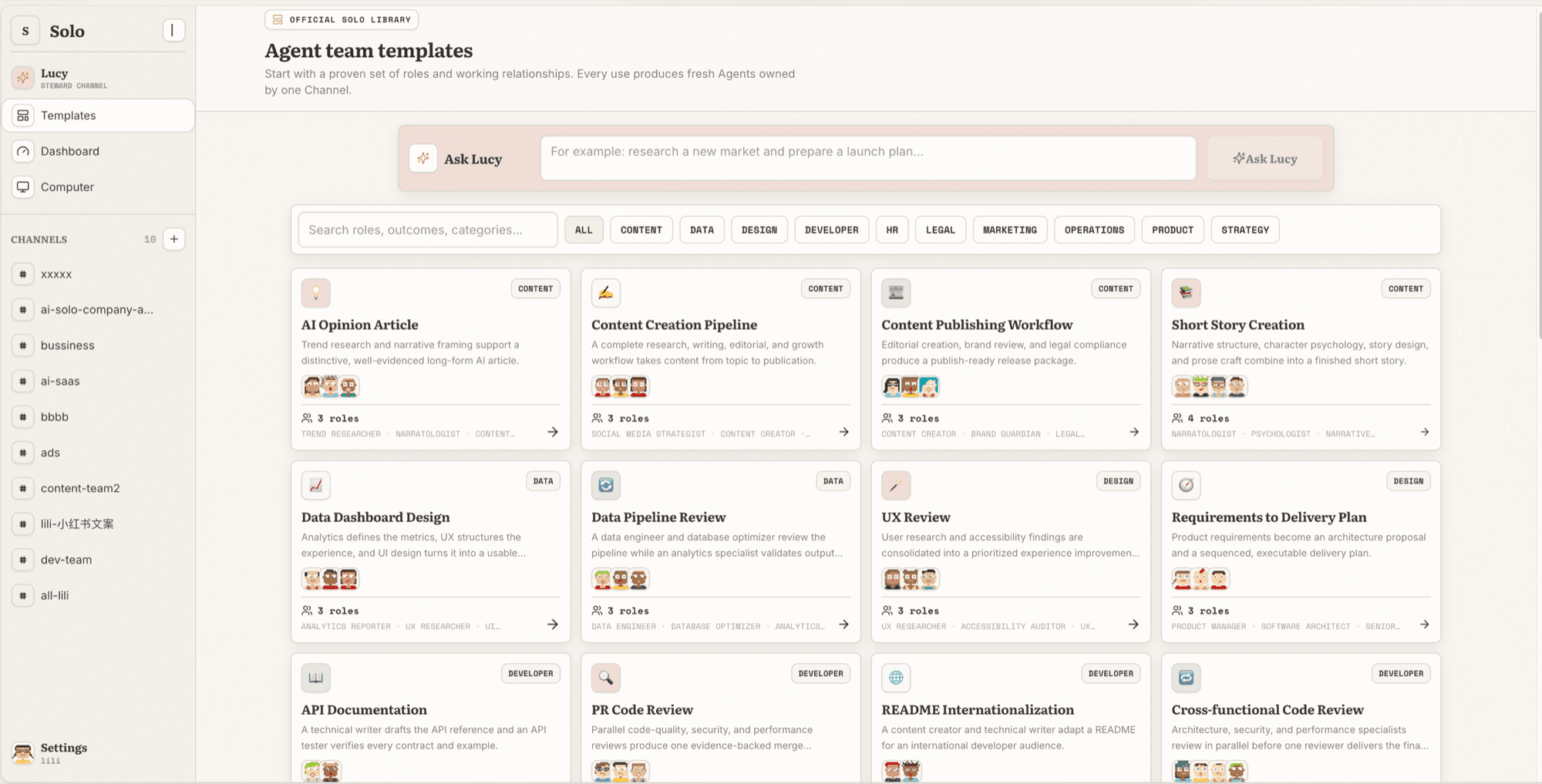 Solo Agent team template library with ready-made multi-Agent workflows